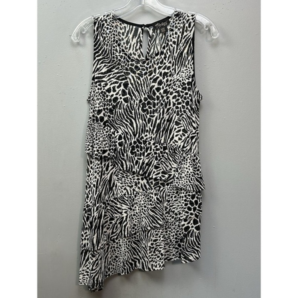 Thalia Sodi Tunic Womens Small Black White Animal Print Tiered Ruffle Mini Sheer